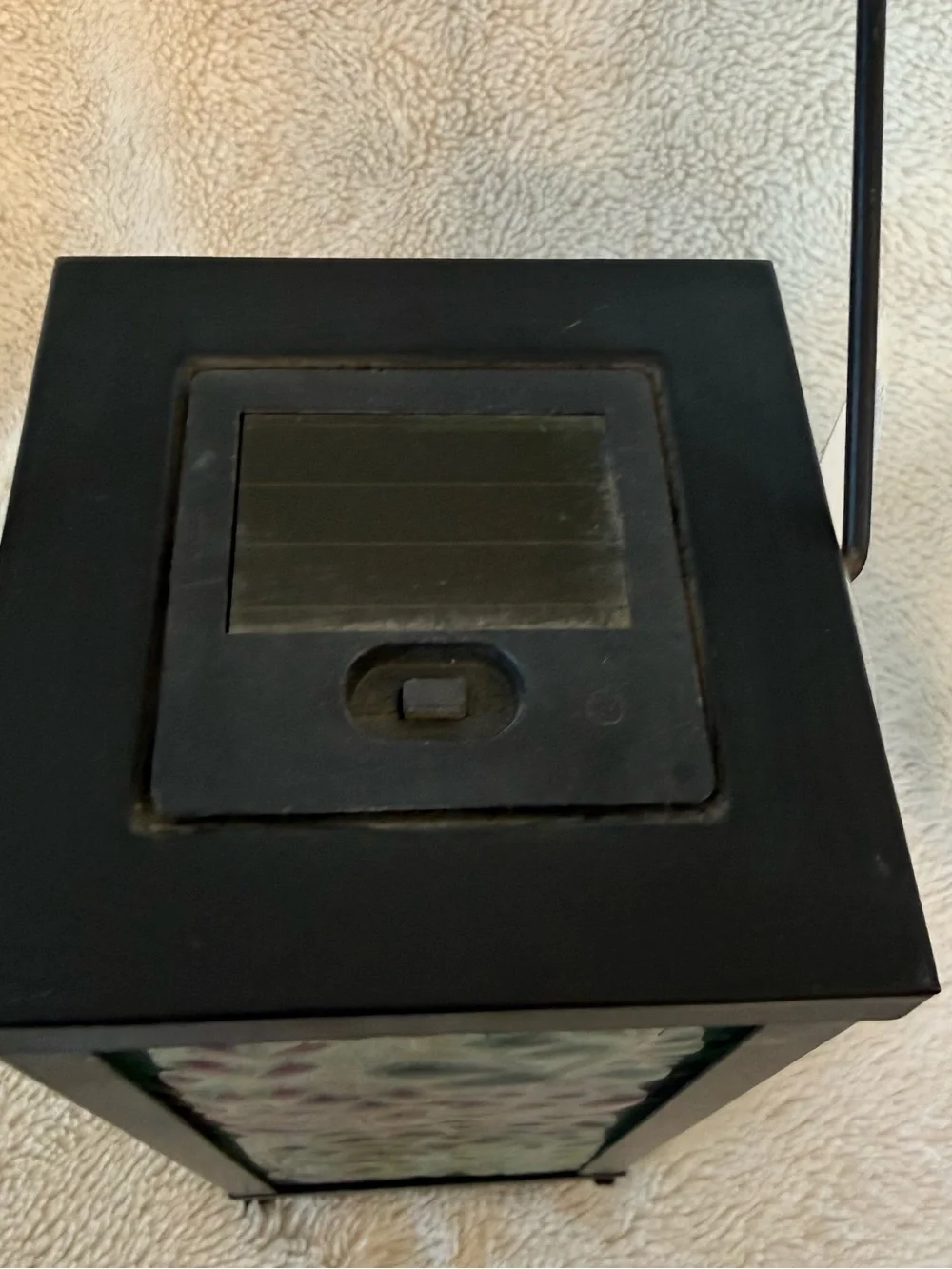 Black Metal Lantern with Green and Purple Embossed Glass Panels